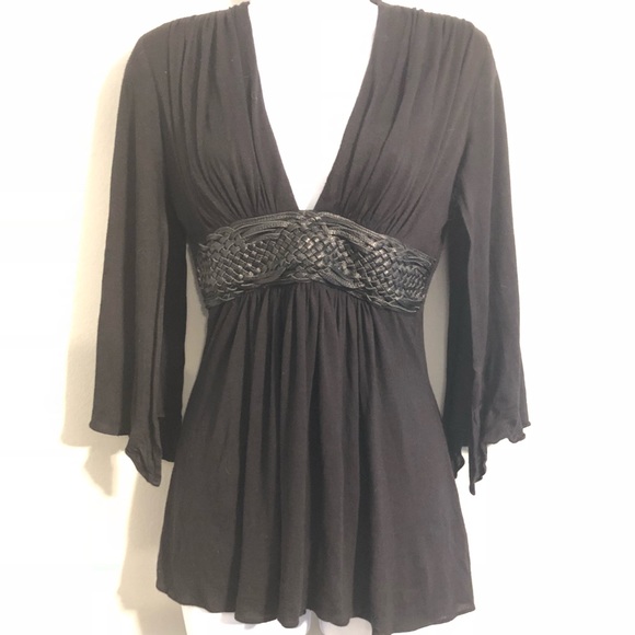 SKY Low Cut Flutter Sleeve Leather Belt Detail Top - Picture 2 of 7